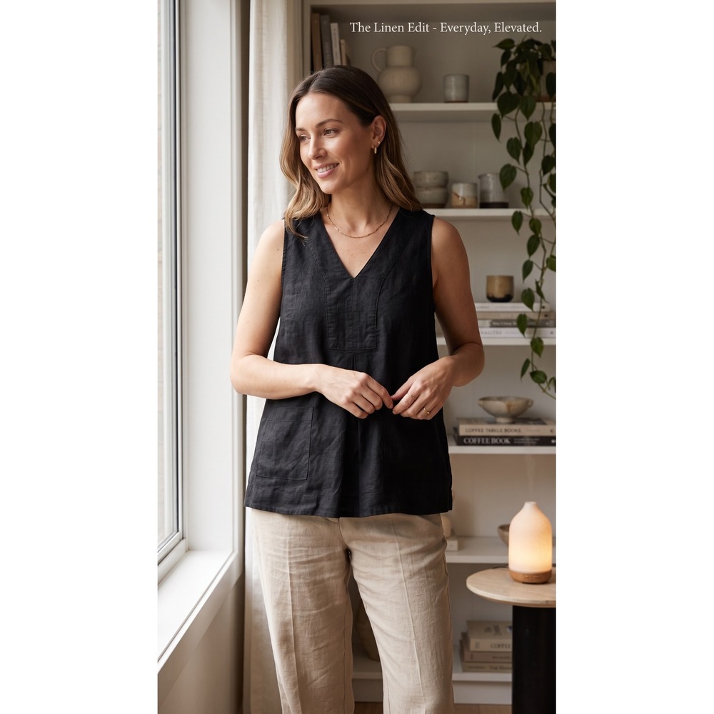 Croft & Barrow Womens XL Black Linen V-Neck Sleeveless Tank Top Pleated Bib